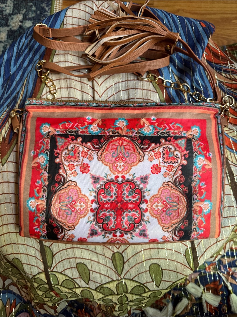 Chico's Coral and Pink Boho Medallion Crossbody Bag